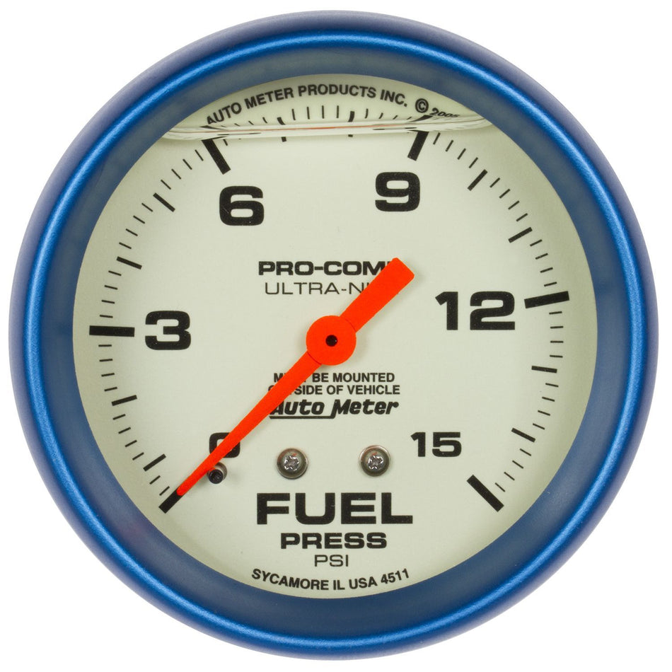 AutoMeter Fuel Pressure Gauge - Ultra-Nite - 0-15 psi - Mechanical - Analog - Full Sweep - 2-5/8 in Diameter - Liquid Filled - White Face - Each