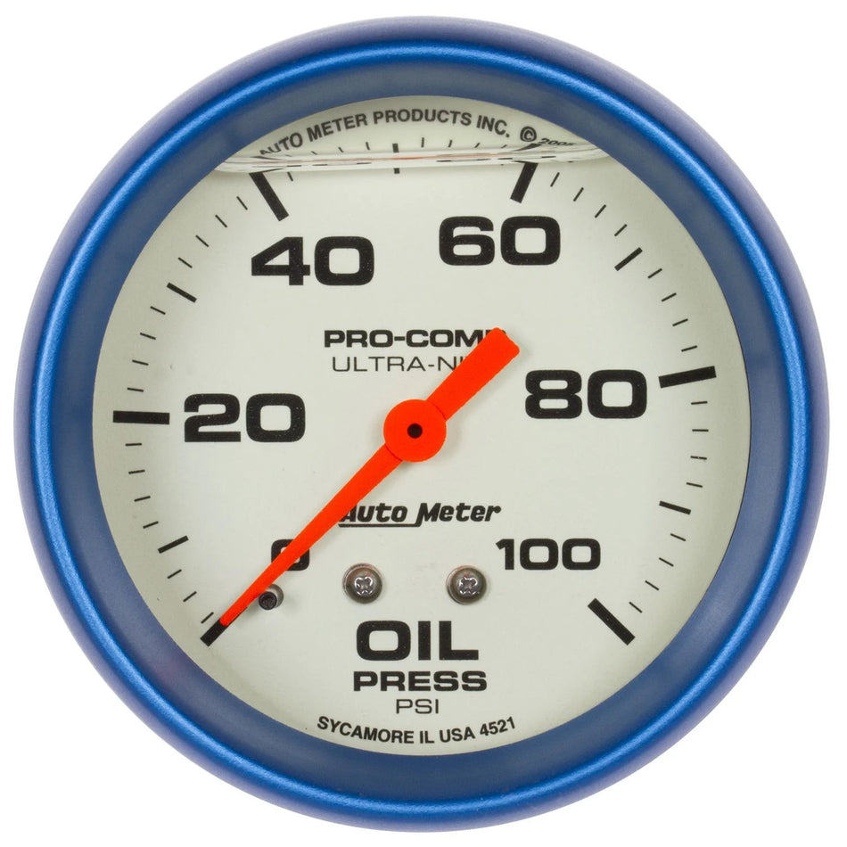 AutoMeter Oil Pressure Gauge - Ultra-Nite - 0-100 psi - Mechanical - Analog - Full Sweep - 2-5/8 in Diameter - Liquid Filled - White Face - Each