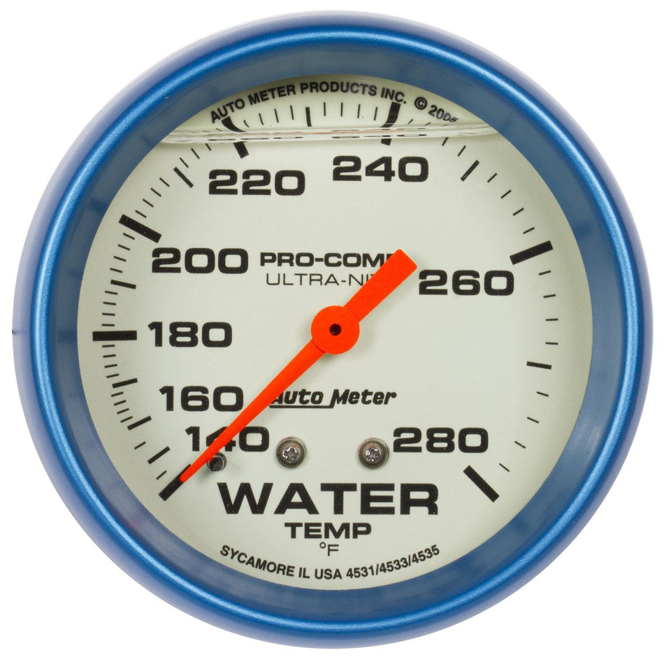 AutoMeter Water Temperature Gauge - Ultra-Nite - 140-280 Degree F - Mechanical - Analog - Full Sweep - 2-5/8 in Diameter - Liquid Filled - White Face - Each