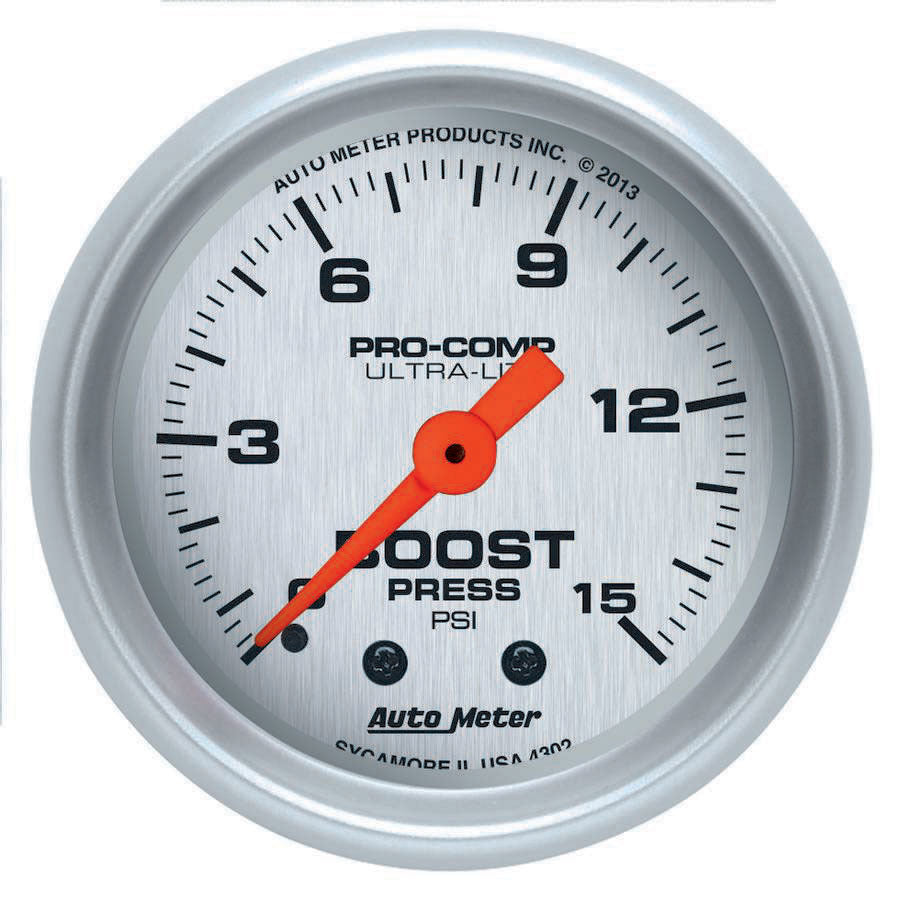 AutoMeter Boost Gauge - Ultra-Lite - 0-15 psi - Mechanical - Analog - 2-1/16 in Diameter - Silver Face - Each