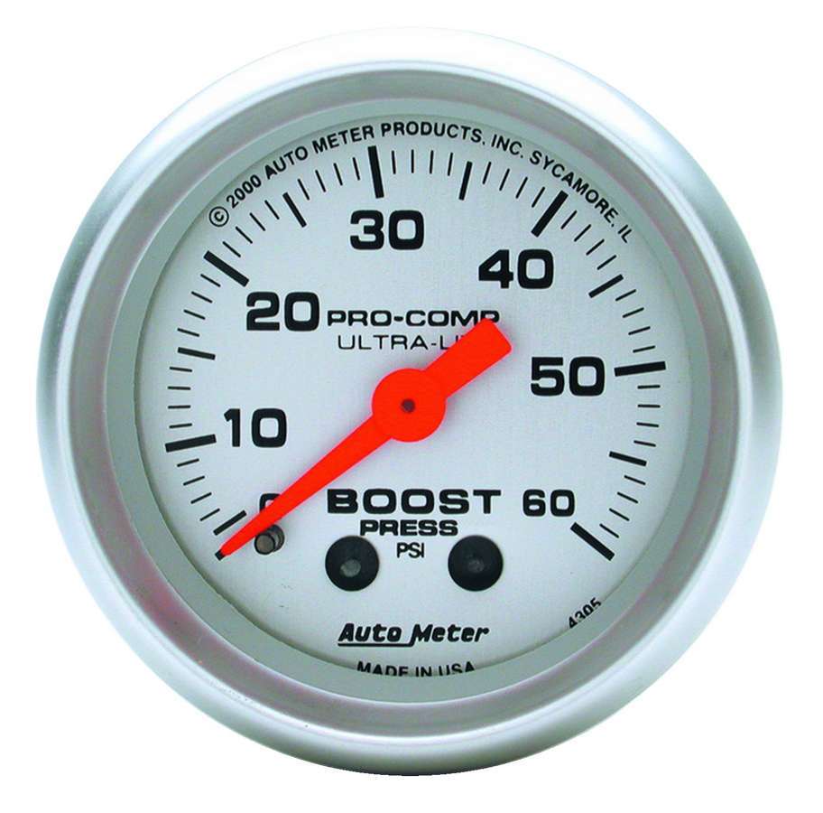 AutoMeter Boost Gauge - Ultra-Lite - 0-60 psi - Mechanical - Analog - 2-1/16 in Diameter - Silver Face - Each