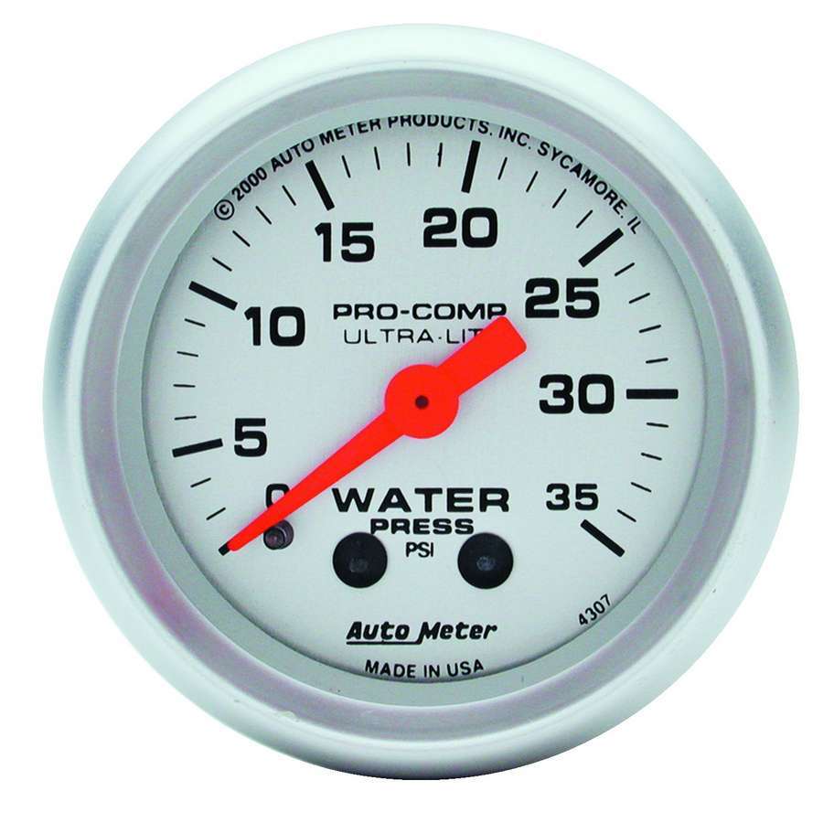 AutoMeter Water Pressure Gauge - Ultra-Lite - 0-35 psi - Mechanical - Analog - 2-1/16 in Diameter - Silver Face - Each