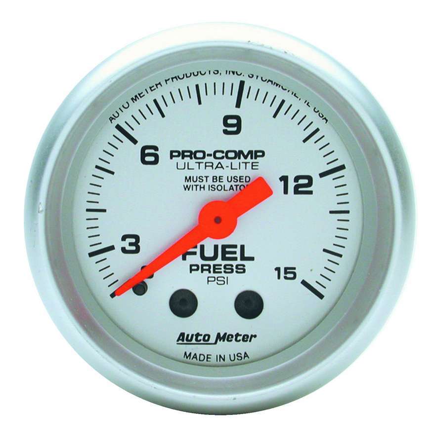 AutoMeter Fuel Pressure Gauge - Ultra-Lite - 0-15 psi - Mechanical - Analog - Full Sweep - 2-1/16 in Diameter - Silver Face - Each