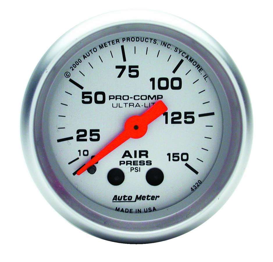 AutoMeter Air Pressure Gauge - Ultra-Lite - 0-150 psi - Mechanical - Analog - 2-1/16 in Diameter - Silver Face - Each