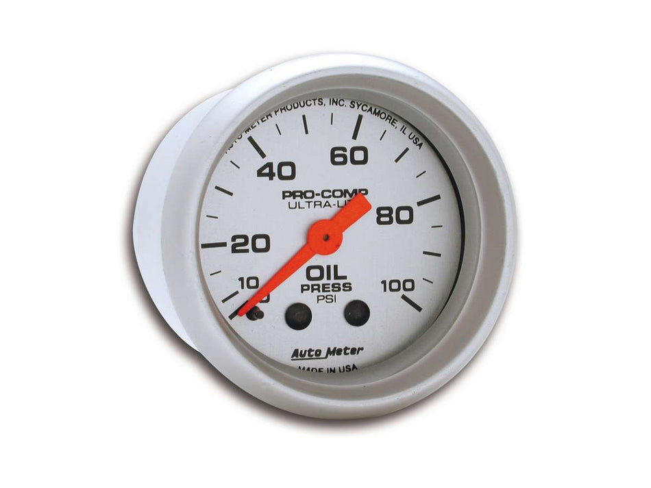 AutoMeter Oil Pressure Gauge - Ultra-Lite - 0-100 psi - Mechanical - Analog - Full Sweep - 2-1/16 in Diameter - Silver Face - Each