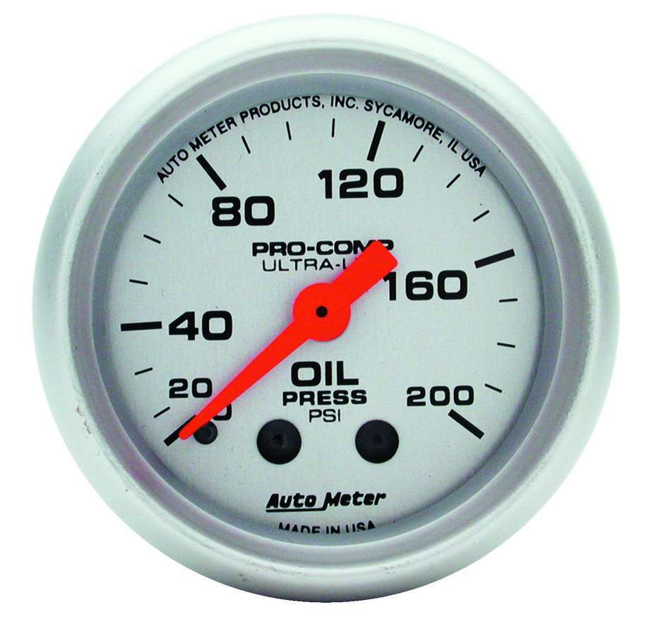 AutoMeter Oil Pressure Gauge - Ultra-Lite - 0-200 psi - Mechanical - Analog - Full Sweep - 2-1/16 in Diameter - Silver Face - Each