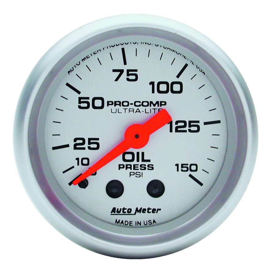 AutoMeter Oil Pressure Gauge - Ultra-Lite - 0-150 psi - Mechanical - Analog - Full Sweep - 2-1/16 in Diameter - Silver Face - Each