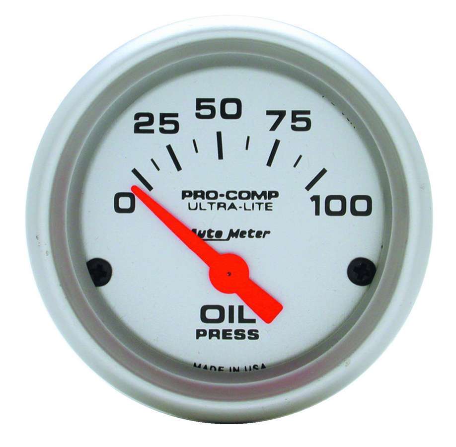 AutoMeter Oil Pressure Gauge - Ultra-Lite - 0-100 psi - Electric - Analog - Short Sweep - 2-1/16 in Diameter - Silver Face - Each