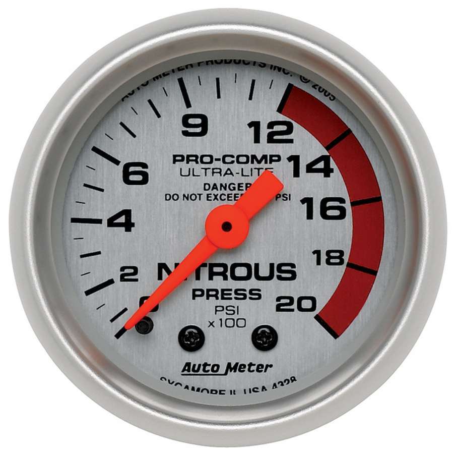 AutoMeter Nitrous Pressure Gauge - Ultra-Lite - 0-2000 psi - Mechanical - Analog - Full Sweep - 2-1/16 in Diameter - Silver Face - Each