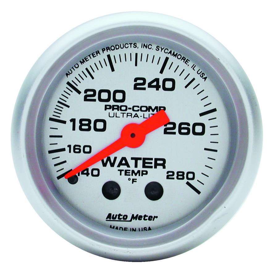 AutoMeter Water Temperature Gauge - Ultra-Lite - 140-280 Degree F - Mechanical - Analog - Full Sweep - 2-1/16 in Diameter - Silver Face - Each