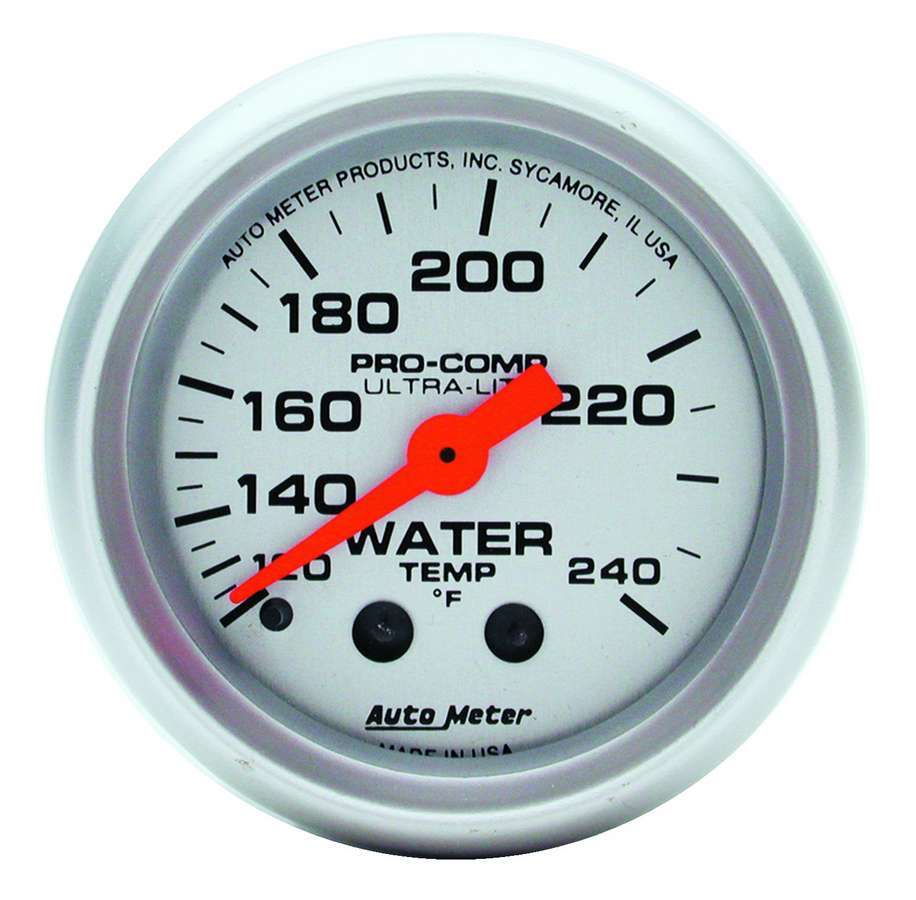 AutoMeter Water Temperature Gauge - Ultra-Lite - 120-240 Degree F - Mechanical - Analog - Full Sweep - 2-1/16 in Diameter - Silver Face - Each