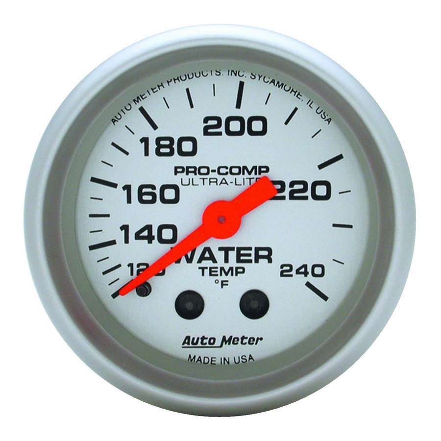 AutoMeter Water Temperature Gauge - Ultra-Lite - 120-240 Degree F - Mechanical - Analog - Full Sweep - 2-1/16 in Diameter - Silver Face - Each