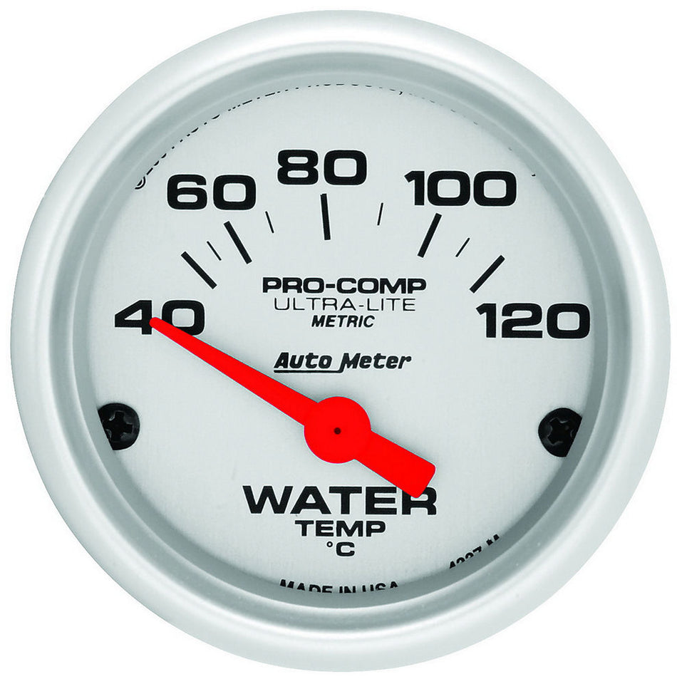 AutoMeter Water Temperature Gauge - Ultra-Lite - 40-120 Degree C - Electric - Analog - Short Sweep - 2-1/16 in Diameter - Silver Face - Each