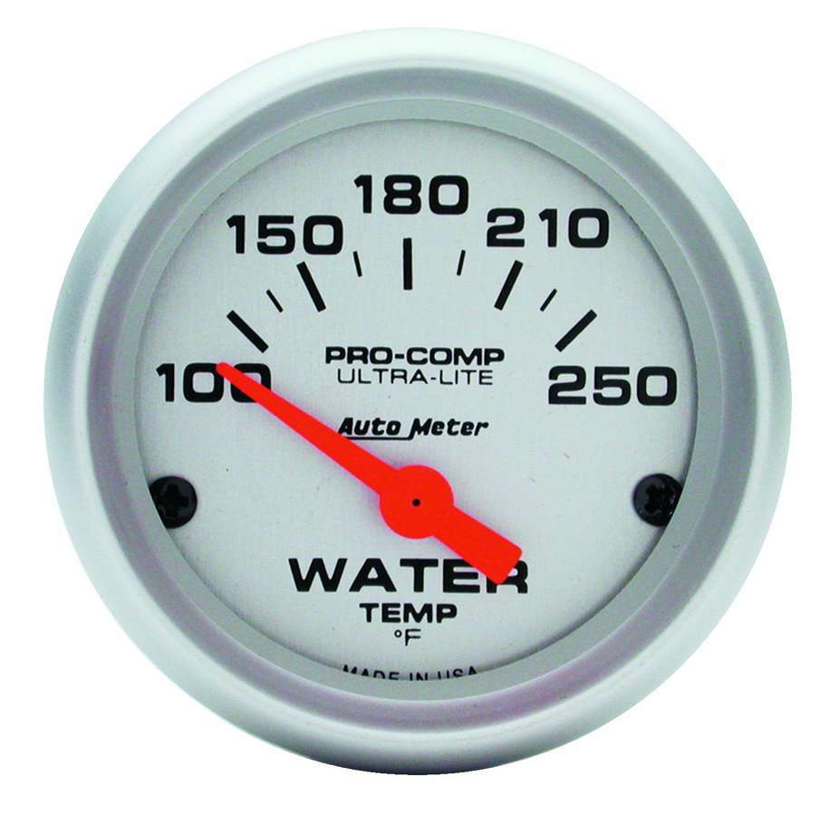 AutoMeter Water Temperature Gauge - Ultra-Lite - 100-250 Degree F - Electric - Analog - Short Sweep - 2-1/16 in Diameter - Silver Face - Each