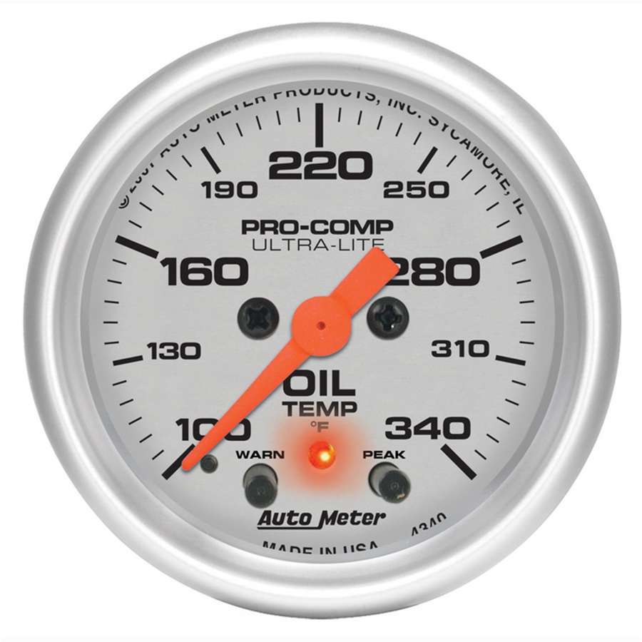 AutoMeter Oil Temperature Gauge - Ultra-Lite - Stepped Motor - 100-340 Degree F - Electric - Analog - Full Sweep - 2-1/16 in Diameter - Silver Face - Each