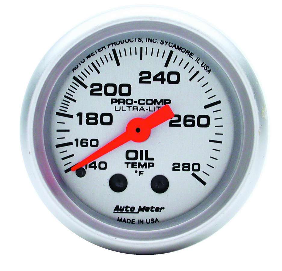 AutoMeter Oil Temperature Gauge - Ultra-Lite - 140-280 Degree F - Mechanical - Analog - Full Sweep - 2-1/16 in Diameter - Silver Face - Each