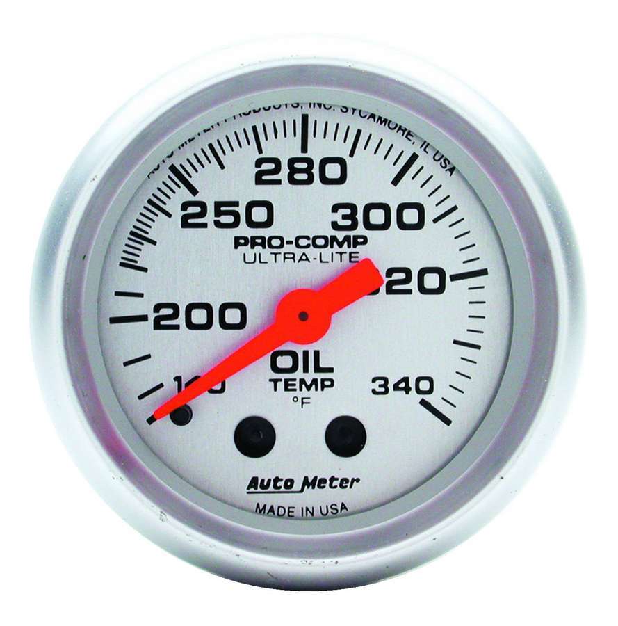 AutoMeter Oil Temperature Gauge - Ultra-Lite - 140-340 Degree F - Mechanical - Analog - Full Sweep - 2-1/16 in Diameter - Silver Face - Each