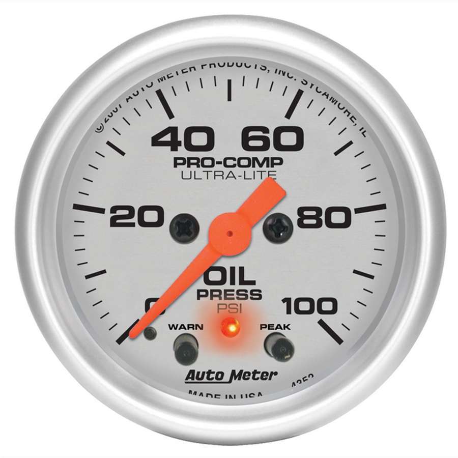 AutoMeter Oil Pressure Gauge - Ultra-Lite - 0-100 psi - Electric - Analog - Full Sweep - 2-1/16 in Diameter - Peak and Warn - Silver Face - Each