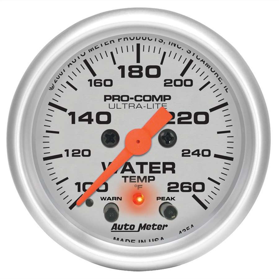 AutoMeter Water Temperature Gauge - Ultra-Lite - 100-260 Degree F - Electric - Analog - Full Sweep - 2-1/16 in Diameter - Peak and Warn - Silver Face - Each