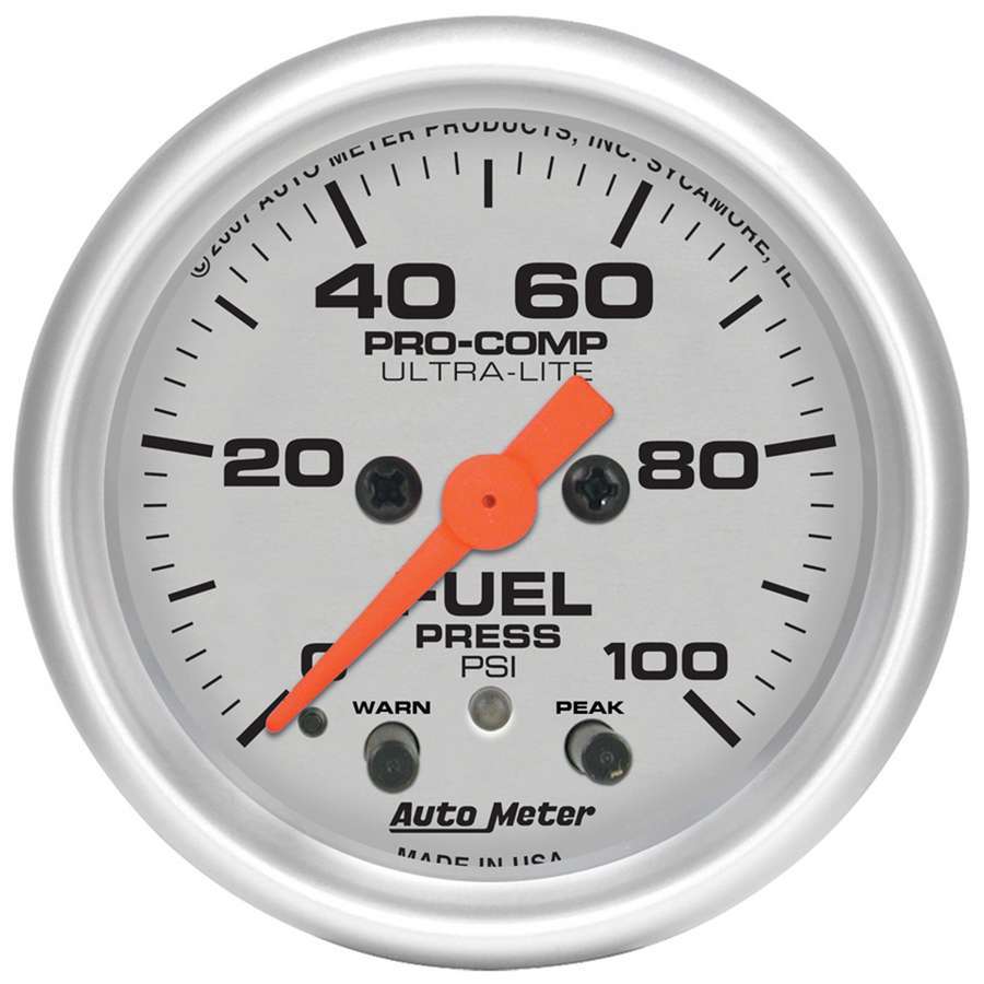 AutoMeter Fuel Pressure Gauge - Ultra-Lite - 0-100 psi - Electric - Analog - Full Sweep - 2-1/16 in Diameter - Silver Face - Each