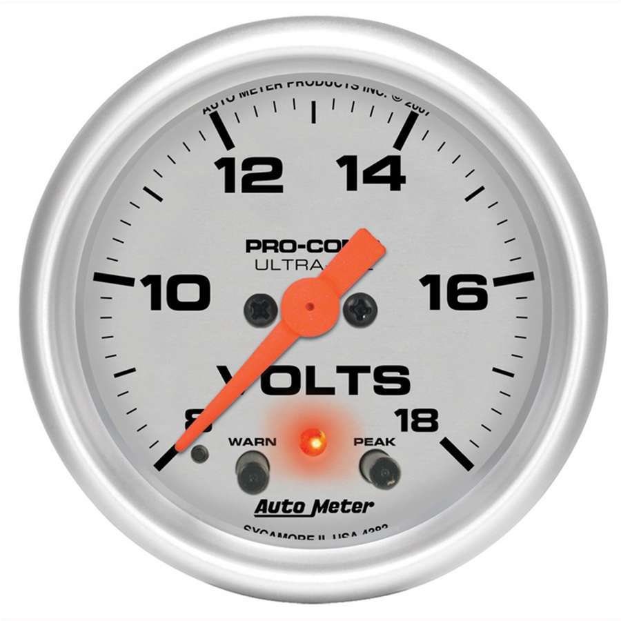AutoMeter Voltmeter - Ultra-Lite - 8-18V - Electric - Analog - Full Sweep - 2-1/16 in Diameter - Peak and Warn - Silver Face - Each
