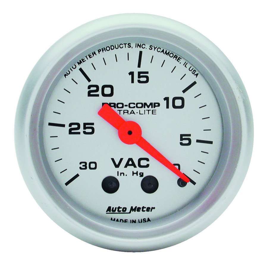 AutoMeter Vacuum Gauge - Ultra-Lite - 0-30 in HG - Mechanical - Analog - 2-1/16 in Diameter - Silver Face - Each