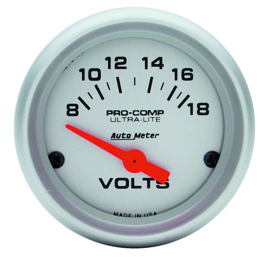 AutoMeter Voltmeter - Ultra-Lite - 8-18V - Electric - Analog - Short Sweep - 2-1/16 in Diameter - Silver Face - Each