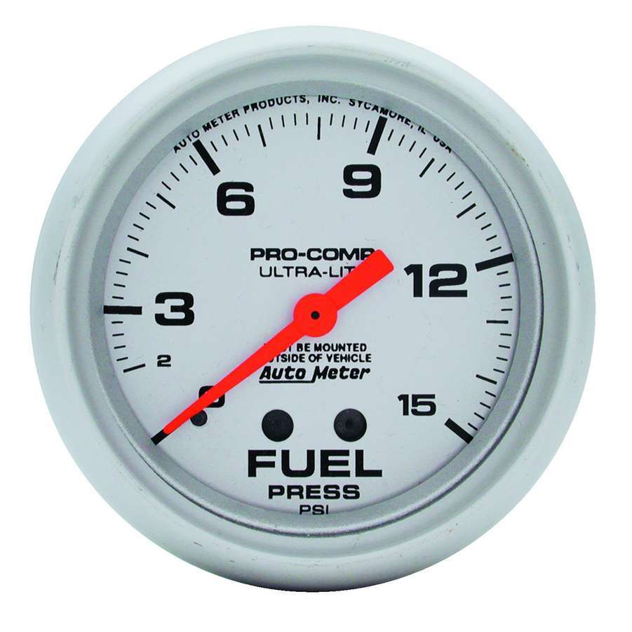 AutoMeter Fuel Pressure Gauge - Ultra-Lite - 0-15 psi - Mechanical - Analog - Full Sweep - 2-5/8 in Diameter - Silver Face - Each