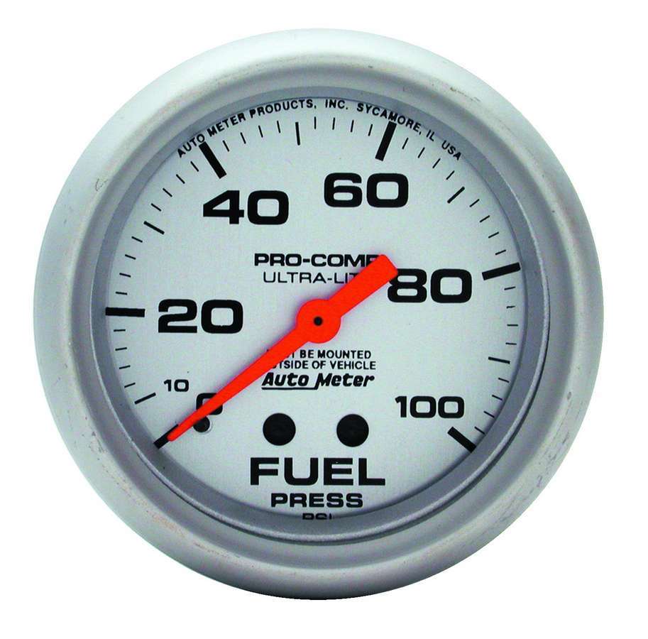 AutoMeter Fuel Pressure Gauge - Ultra-Lite - 0-100 psi - Mechanical - Analog - Full Sweep - 2-5/8 in Diameter - Silver Face - Each