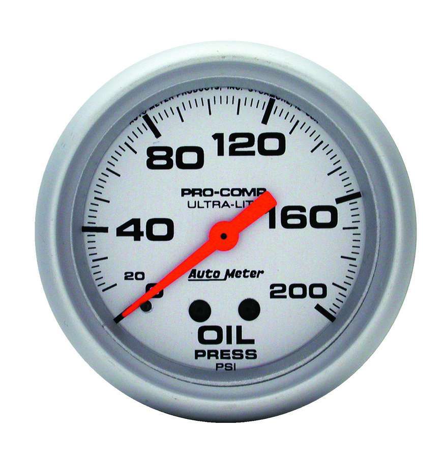 AutoMeter Oil Pressure Gauge - Ultra-Lite - 0-200 psi - Mechanical - Analog - Full Sweep - 2-5/8 in Diameter - Silver Face - Each