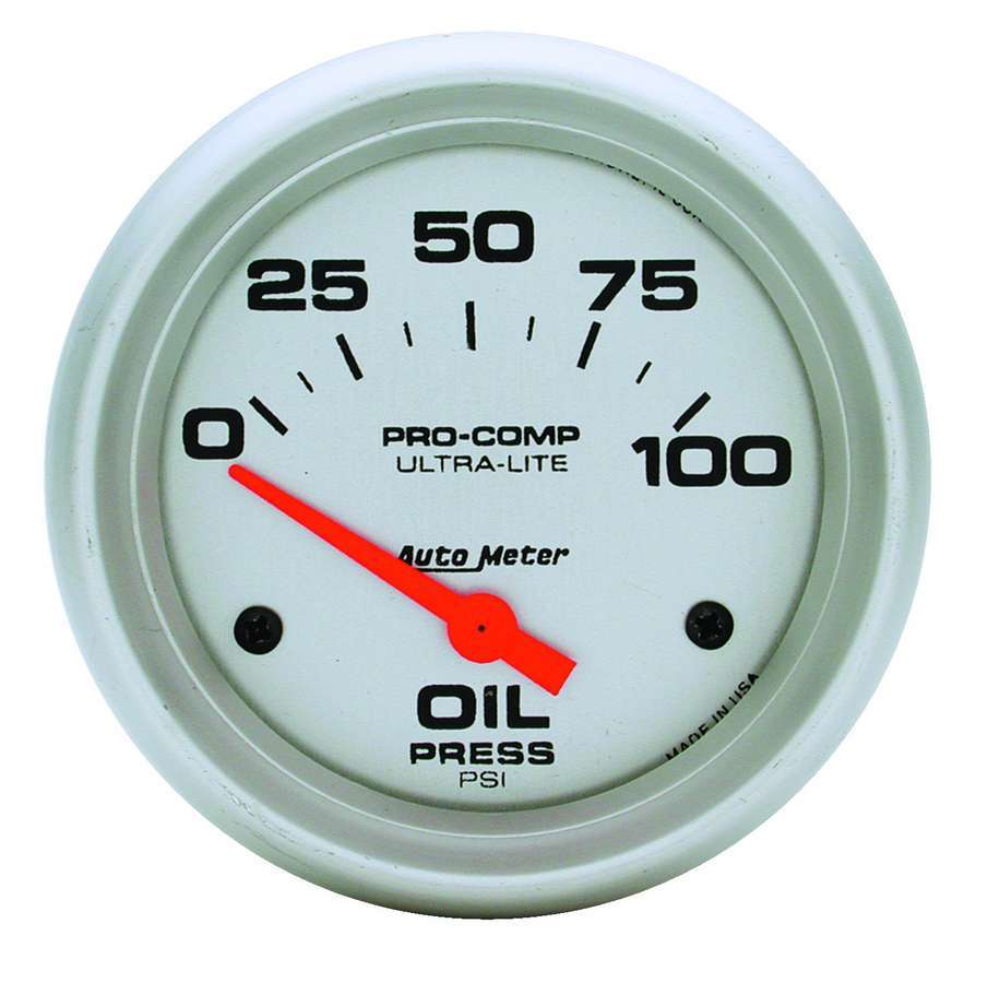 AutoMeter Oil Pressure Gauge - Ultra-Lite - 0-100 psi - Electric - Analog - Short Sweep - 2-5/8 in Diameter - Silver Face - Each