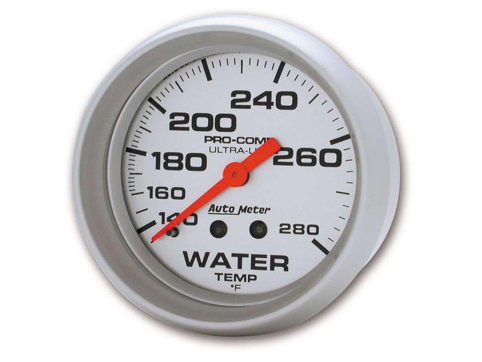 AutoMeter Water Temperature Gauge - Ultra-Lite - 140-280 Degree F - Mechanical - Analog - Full Sweep - 2-5/8 in Diameter - Silver Face - Each