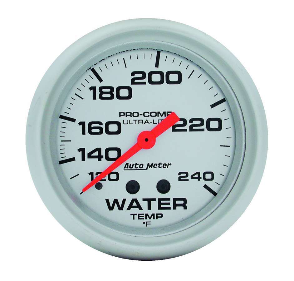 AutoMeter Water Temperature Gauge - Ultra-Lite - 120-240 Degree F - Mechanical - Analog - Full Sweep - 2-5/8 in Diameter - Silver Face - Each