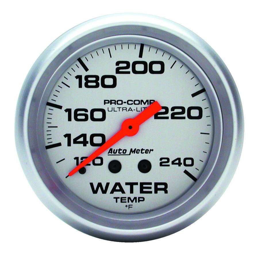 AutoMeter Water Temperature Gauge - Ultra-Lite - 120-240 Degree F - Mechanical - Analog - Full Sweep - 2-5/8 in Diameter - Silver Face - Each