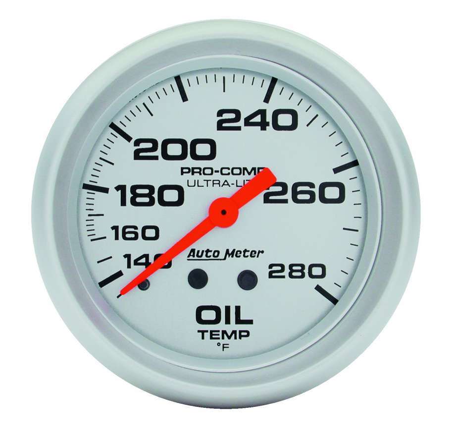 AutoMeter Oil Temperature Gauge - Ultra-Lite - 140-280 Degree F - Mechanical - Analog - Full Sweep - 2-5/8 in Diameter - Silver Face - Each