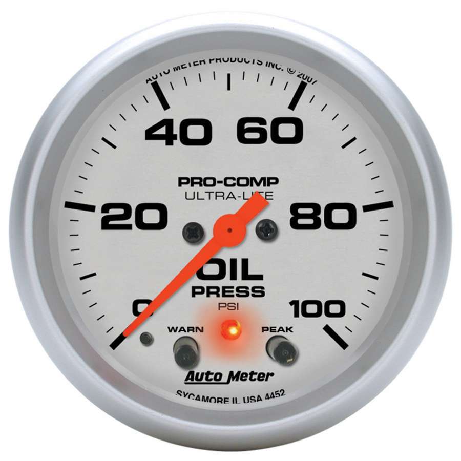 AutoMeter Oil Pressure Gauge - Ultra-Lite - 0-100 psi - Electric - Analog - Full Sweep - 2-5/8 in Diameter - Peak and Warn - Silver Face - Each