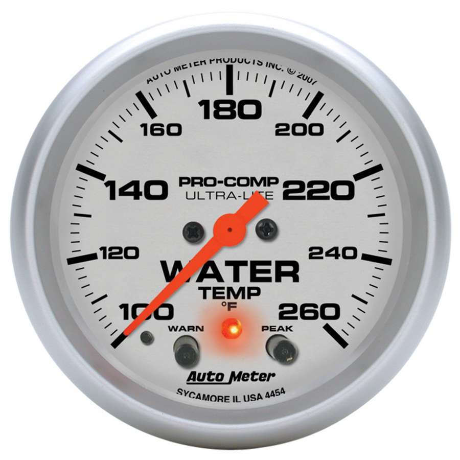 AutoMeter Water Temperature Gauge - Ultra-Lite - 100-260 Degree F - Electric - Analog - Full Sweep - 2-5/8 in Diameter - Peak and Warn - Silver Face - Each