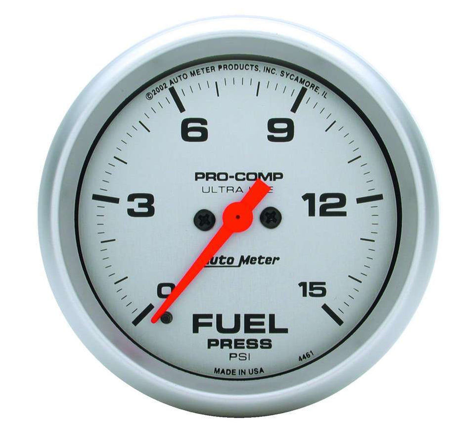 AutoMeter Fuel Pressure Gauge - Ultra-Lite - 0-15 psi - Electric - Analog - Full Sweep - 2-5/8 in Diameter - Silver Face - Each