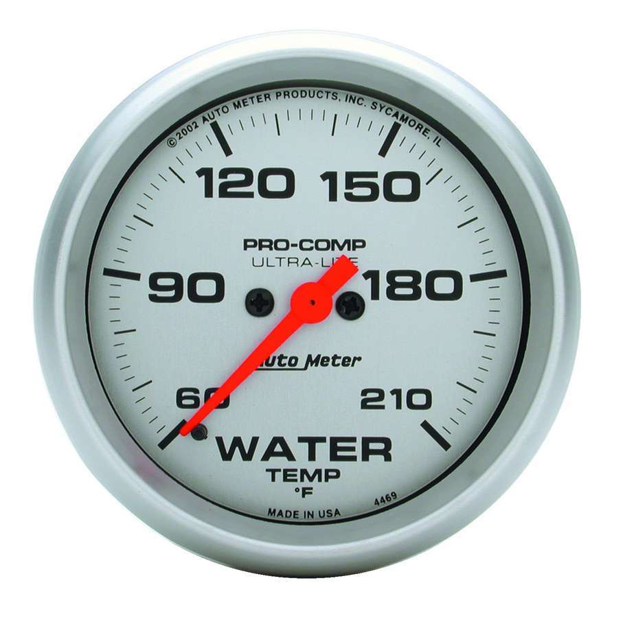 AutoMeter Water Temperature Gauge - Ultra-Lite - 60-210 Degree F - Electric - Analog - Full Sweep - 2-5/8 in Diameter - Silver Face - Each