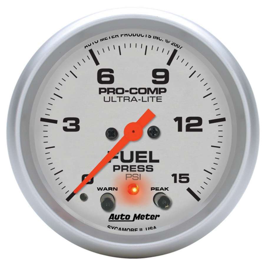 AutoMeter Fuel Pressure Gauge - Ultra-Lite - 0-15 psi - Electric - Analog - Full Sweep - 2-5/8 in Diameter - Peak and Warn - Silver Face - Each