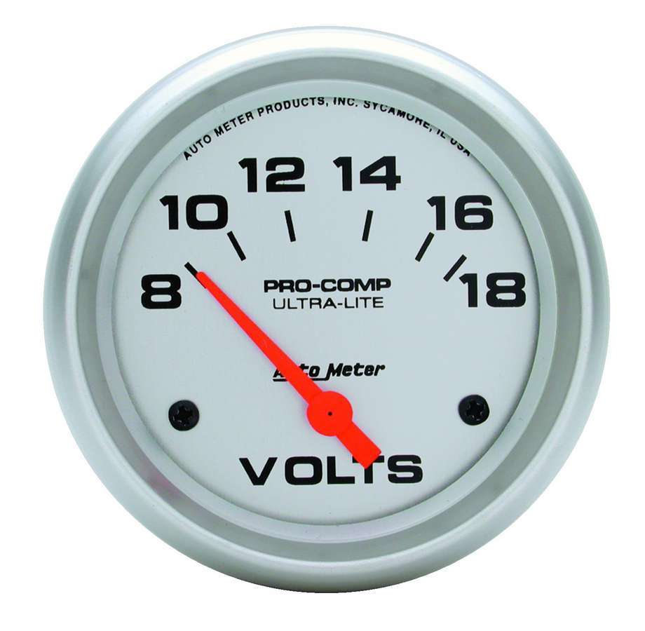 AutoMeter Voltmeter - Ultra-Lite - 8-18V - Electric - Analog - Short Sweep - 2-5/8 in Diameter - Silver Face - Each
