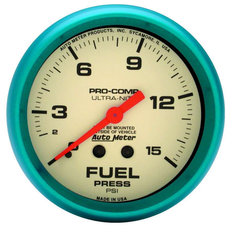 AutoMeter Fuel Pressure Gauge - Ultra-Nite - 0-15 psi - Mechanical - Analog - Full Sweep - 2-5/8 in Diameter - White Face - Each