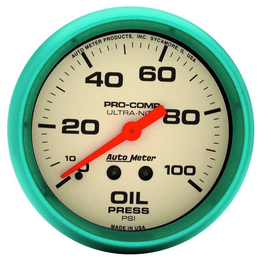 AutoMeter Oil Pressure Gauge - Ultra-Nite - 0-100 psi - Mechanical - Analog - Full Sweep - 2-5/8 in Diameter - White Face - Each