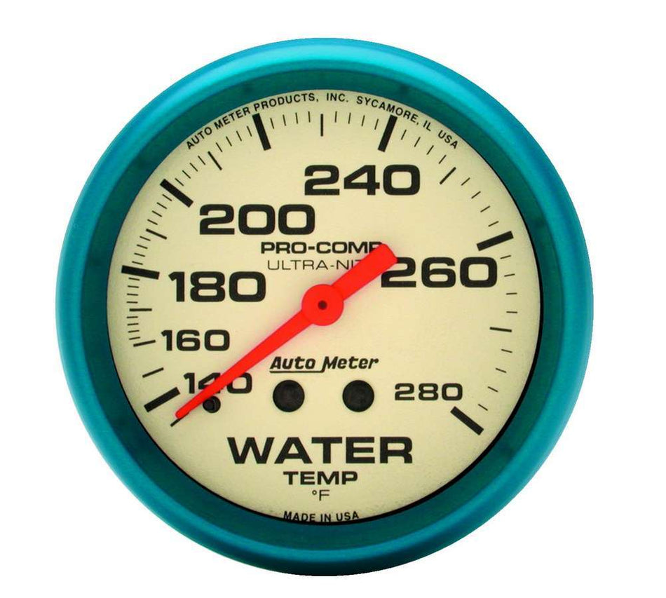 AutoMeter Water Temperature Gauge - Ultra-Nite - 140-280 Degree F - Mechanical - Analog - Full Sweep - 2-5/8 in Diameter - White Face - Each
