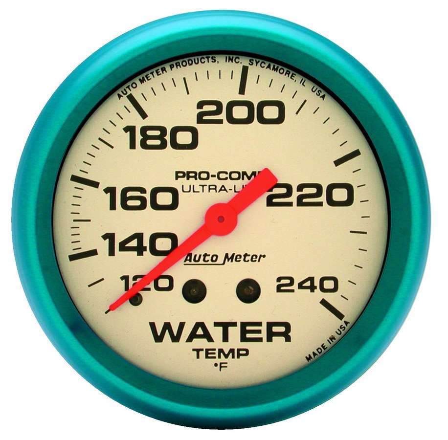 AutoMeter Water Temperature Gauge - Ultra-Nite - 120-240 Degree F - Mechanical - Analog - Full Sweep - 2-5/8 in Diameter - White Face - Each