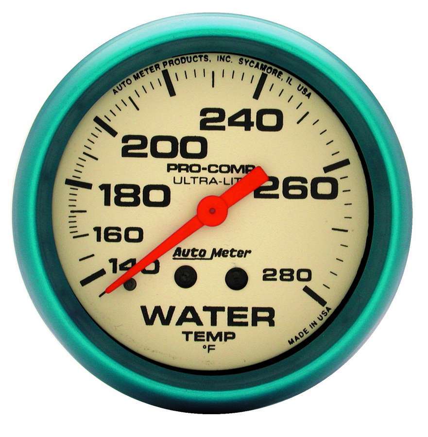 AutoMeter Water Temperature Gauge - Ultra-Nite - 140-280 Degree F - Mechanical - Analog - Full Sweep - 2-5/8 in Diameter - White Face - Each