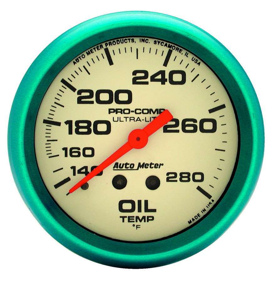 AutoMeter Oil Temperature Gauge - Ultra-Nite - 140-280 Degree F - Mechanical - Analog - Full Sweep - 2-5/8 in Diameter - White Face - Each