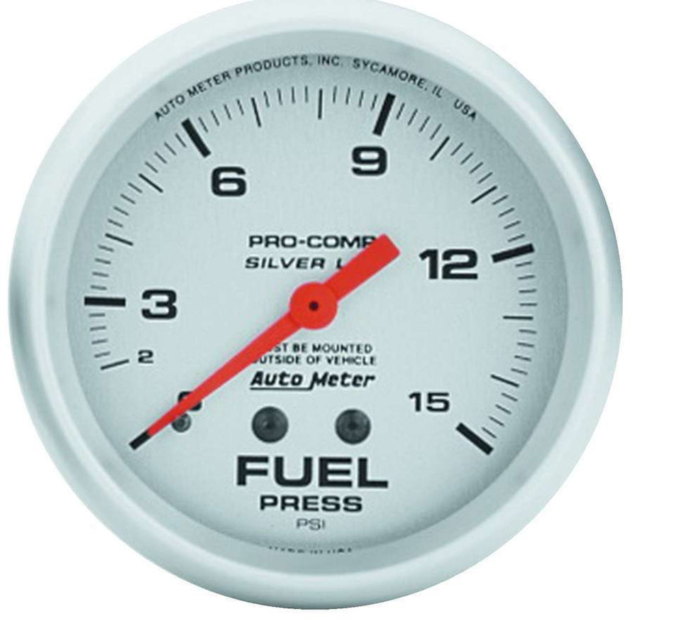 AutoMeter Fuel Pressure Gauge - Ultra-Lite - 0-15 psi - Mechanical - Analog - Full Sweep - 2-5/8 in Diameter - Liquid Filled - Silver Face - Each