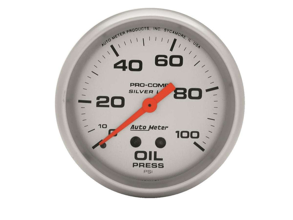 AutoMeter Oil Pressure Gauge - Ultra-Lite - 0-100 psi - Mechanical - Analog - Full Sweep - 2-5/8 in Diameter - Liquid Filled - Silver Face - Each
