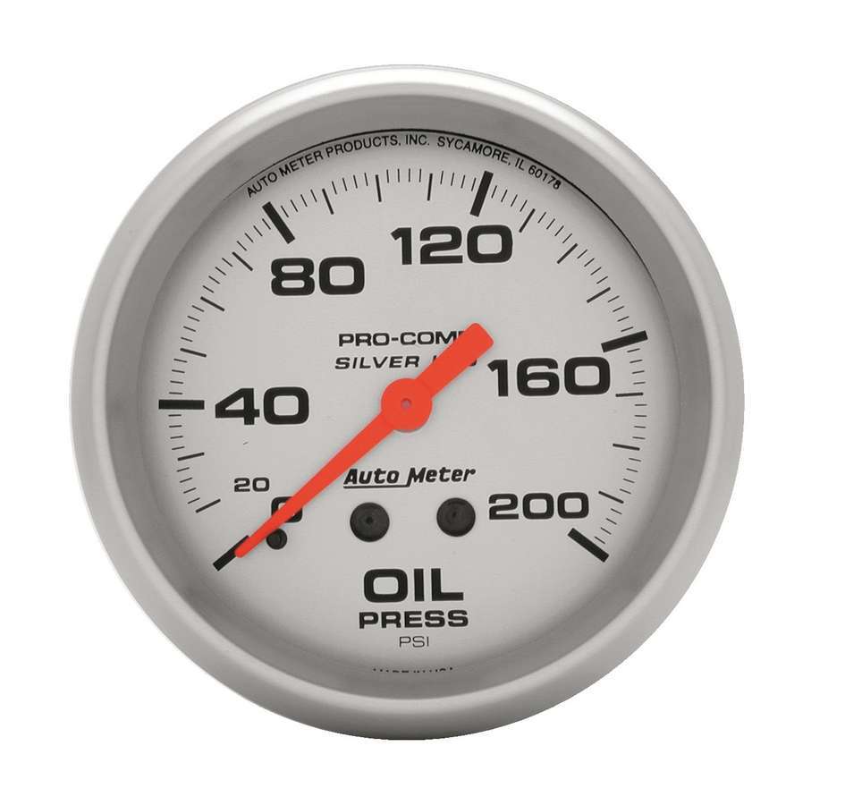 AutoMeter Oil Pressure Gauge - Ultra-Lite - 0-200 psi - Mechanical - Analog - Full Sweep - 2-5/8 in Diameter - Liquid Filled - Silver Face - Each